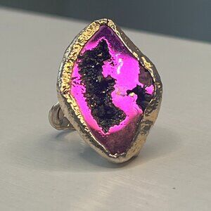 Electric Pink Geode Statement Ring with Gold Detailing